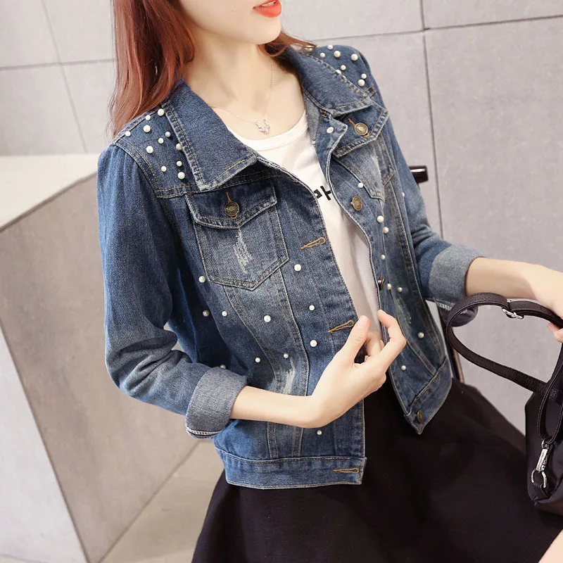 

#3357 Denim Jacket Women Pearls Slim Jeans Coat Ladies Plus Size 4XL 5XL Vintage Short Coat Blue Outwear Streetwear