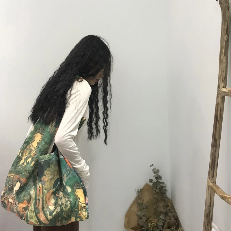 

Canvas bag shoulder messenger bag large capacity thickening retro vintage art female bag college wind green bag