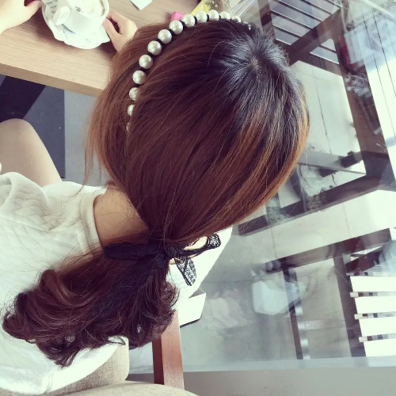 

Hot Women Fashion Elegant Flower Lace Headbands Elastic Imitated Pearl Bow Hair Bands Hair Jewellery