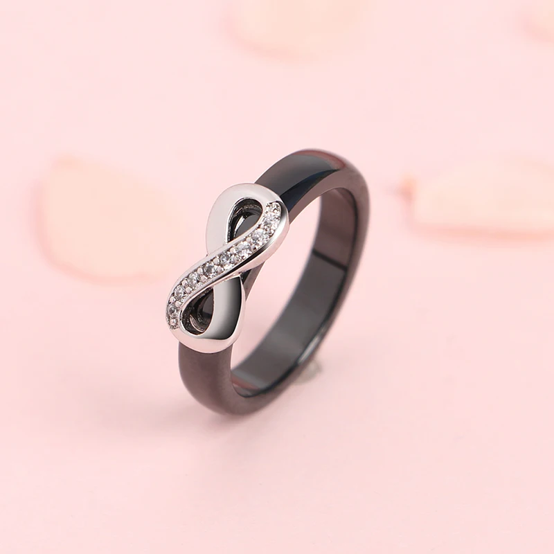 925 Elegant Rings Women 4mm Black White Ceramic Ring India Stone Crystal Infinity Comfort Wedding Rings Engagement Brand Jewelry