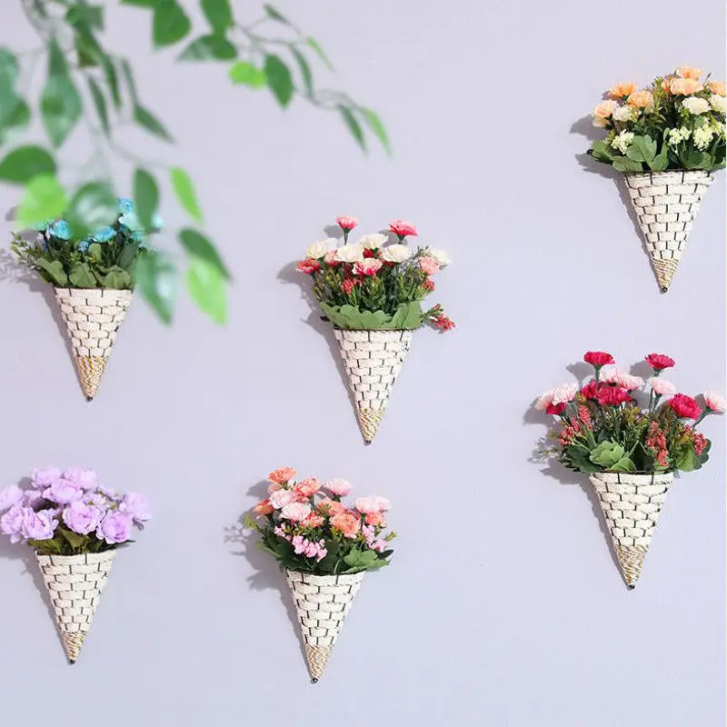 Cesta de flores de mimbre Natural colgante de pared maceta florero de ratán cesta Decoración Accesorios colgantes adornos