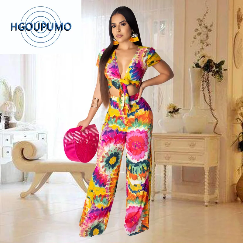 

Floral Tie Dye Sexy Two Piece Tracksuit Women Deep V Neck Short Sleeve Crop Top And Wide Leg Pants Summer 2 Piece Matching Sets