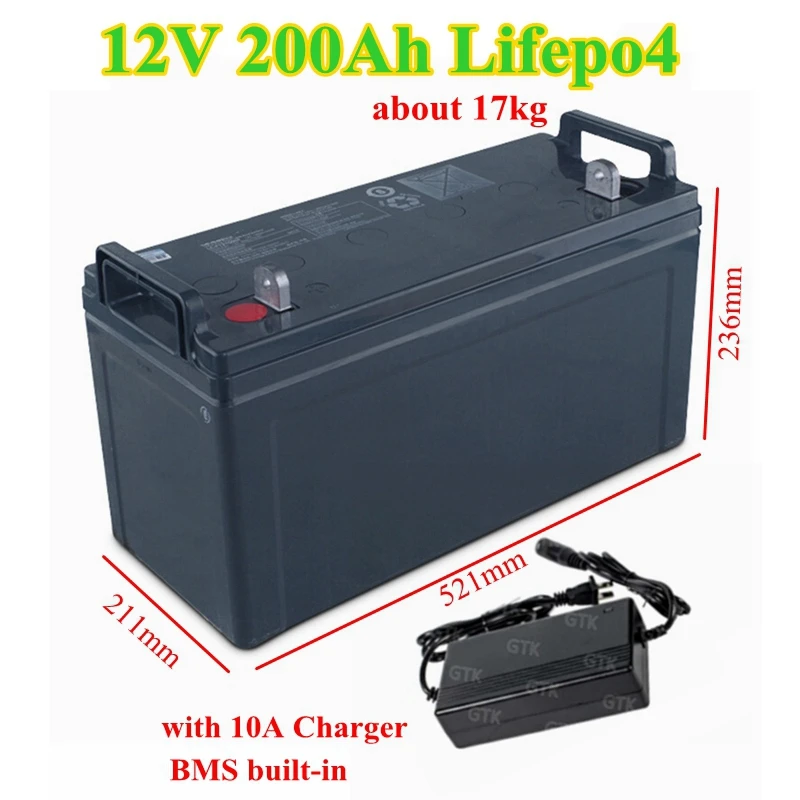 

Rechargeable anti-water 12.8V Lifepo4 12V 200AH lithium battery BMS 200A with bluetooth for Solar system inverter+10A Charger