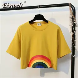 EISWELT/Новые Kawaii Harajuku футболка Для женщин с принтом радуги короткие футболки милый сладкий хлопковая Футболка Забавные топы топ для девочек