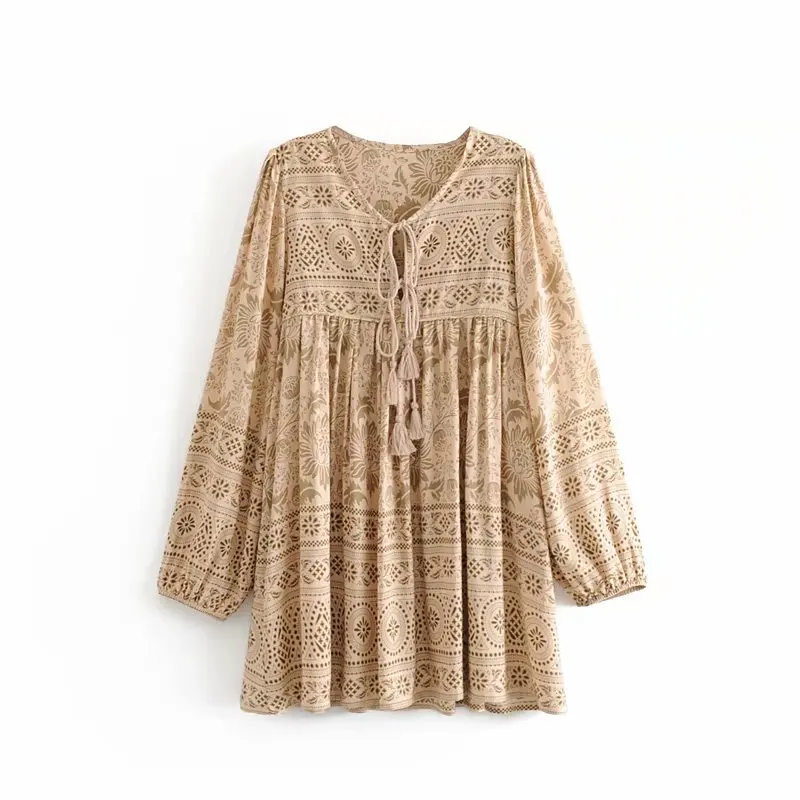 beige Винтажное шикарное женское платье с цветочным принтом, длинным рукавом, кисточками, оборками, Пляжное богемное мини-платье, Дамское Свободное платье с v-образным вырезом, вискозное платье в стиле бохо - Цвет: beige