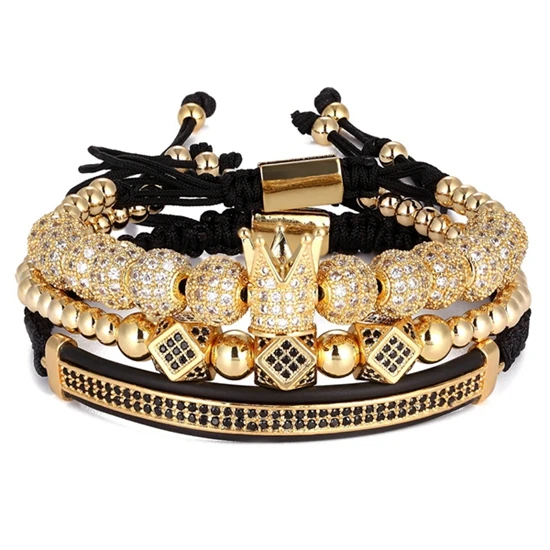 Top Quality Luxury Jewelry 3pcs/Set Bracelet Hip Hop Gold Jewelry Cubic Micro Pave CZ Crown Bead Bracelets For Men Women Gift - Metal Color: Gold Set