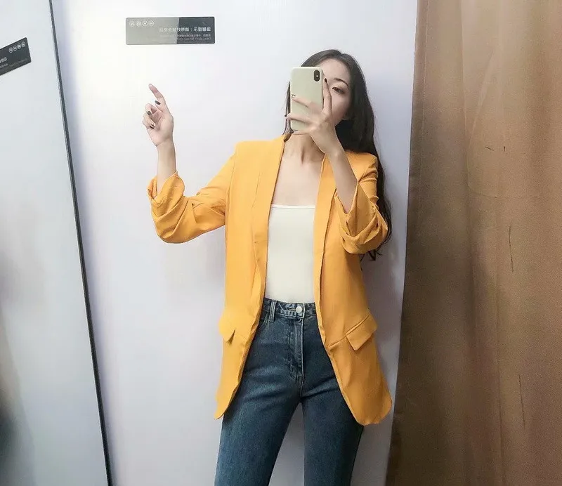 ROHOPO EU Size Women Chic Blazer Draped Cuff Office Ladies Solid Yellow Straight Casual Outwear Baggy Side Pocket Blazers #UZ920