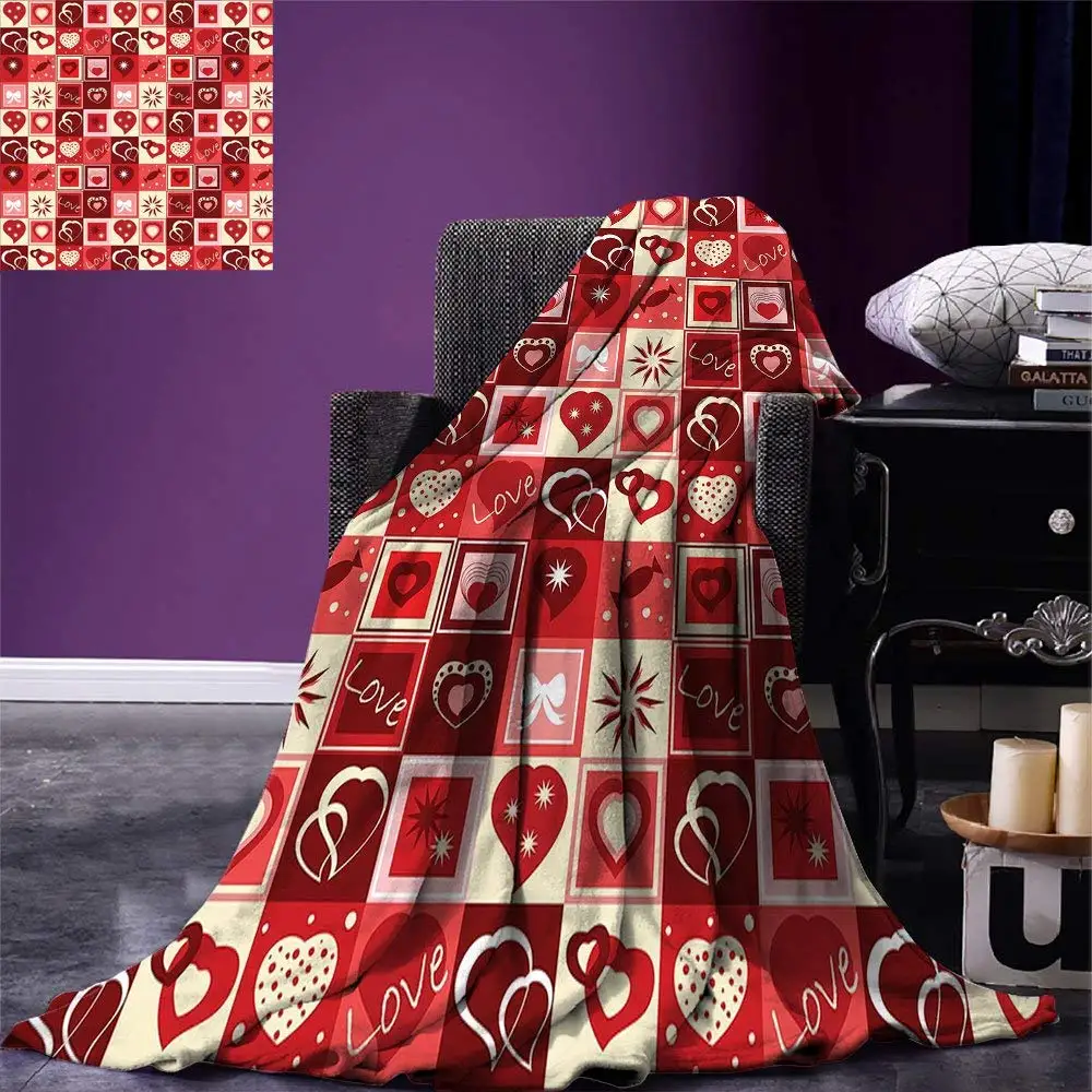 Red Throw Blanket Valentines Day Themed Frames Collection with Hearts