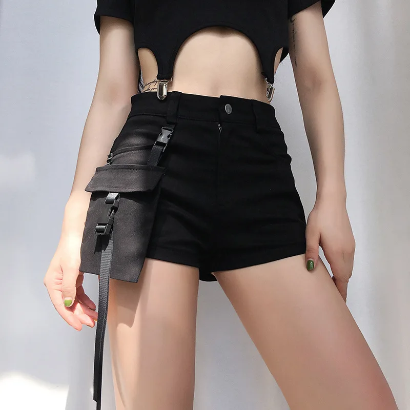 Black Solid Cargo Shorts Women Detachable Pockets With Buckle Summer Shorts High Waist Short Feminino Streetwear