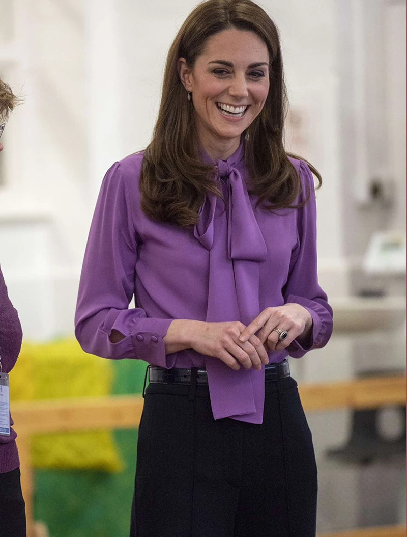 Фиолетовые блузки принцессы Кейт Мидлтон модные дизайнерские рубашки с длинными рукавами и бантом 780