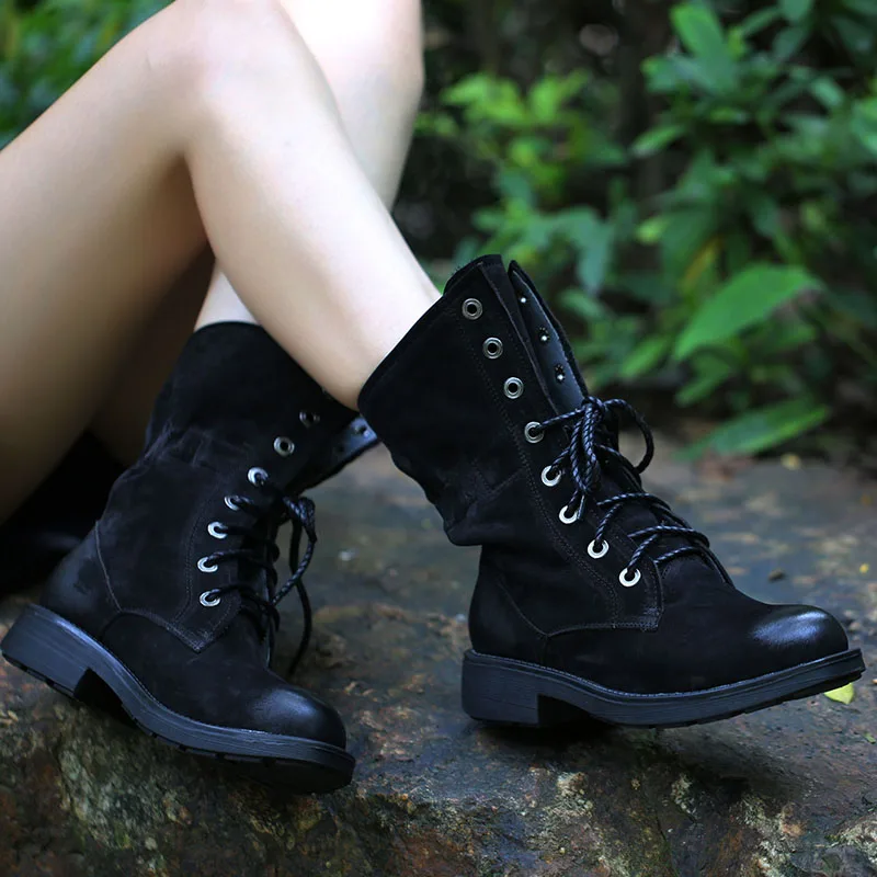 

2019 Nubuck Leather Women Martin Boots Flat Bottom Lace Up Boots Female Round Head Shoes Autumn Winter 136-1