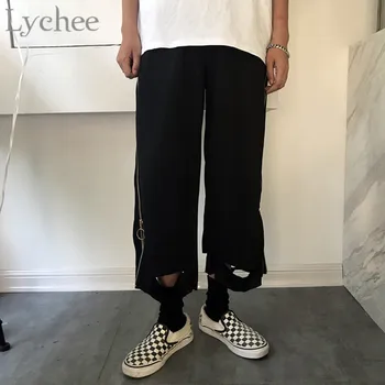 

Lychee Streetwear Hole Side Zipper Female Wide Leg Pants Trousers High Elastic Waist Loose Spring Women Ankle Length Pants