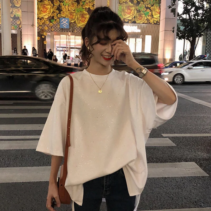 harajuku Half Sleeve Sequin design long T-Shirt 2020 Summer Korean Women solid Asymmetry T-Shirts ulzzang Loose Female white top