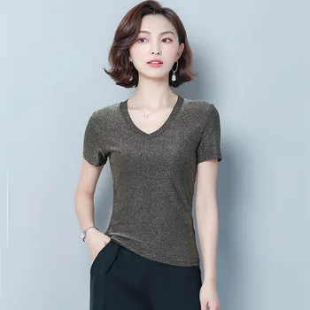 

Mesh V-neck T-shirt Women Summer New Backless Lace Stitching Middle-aged Shirt