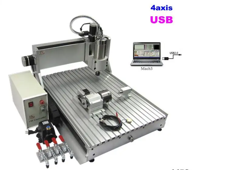 

cnc router 6090Z VFD1.5KW USB 4axis water cooling spindle with cutter collet clamp vise drilling