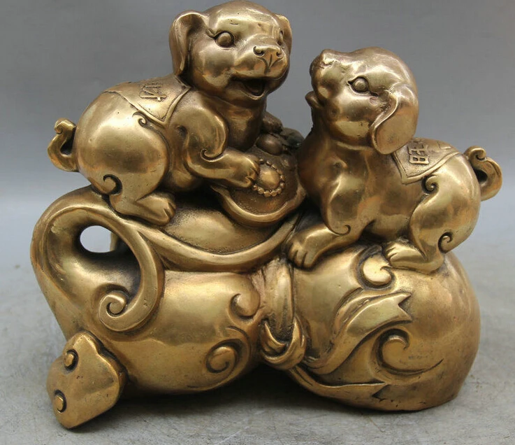 

zhaorui488405++10" Chinese Folk Feng Shui Brass Cute Wealth Zodiac Year Dog Bottle gourd Statue