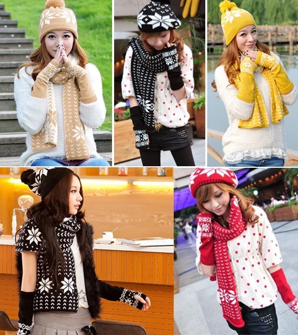 Вязаный Модный зимний шарф, шапка и перчатки, набор для женщин, зимние шарфы, шапки и перчатки, комплект из трех предметов