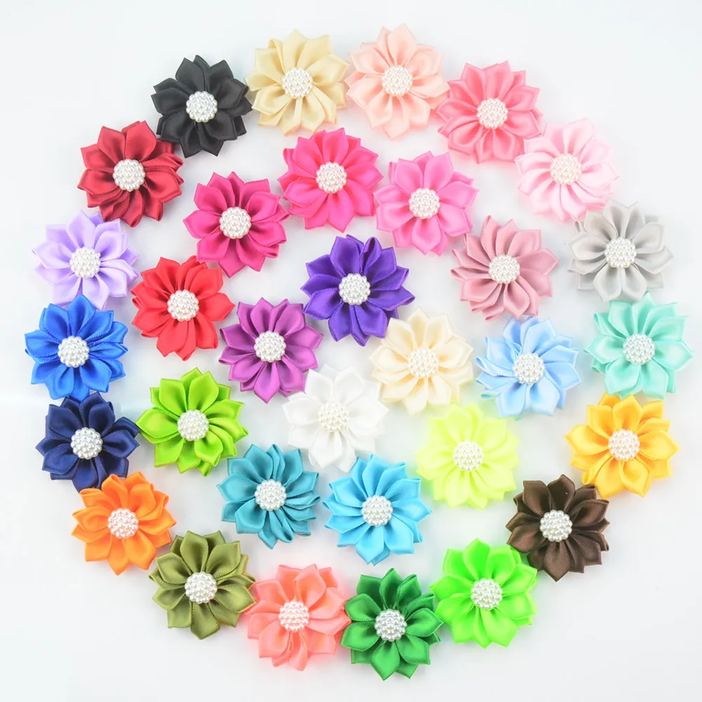 

Yundfly 10pcs Chic Satin Ribbon Flower with Faux Pearl For Baby Girls Hair Accessories Fabric Flowers For DIY Headbands