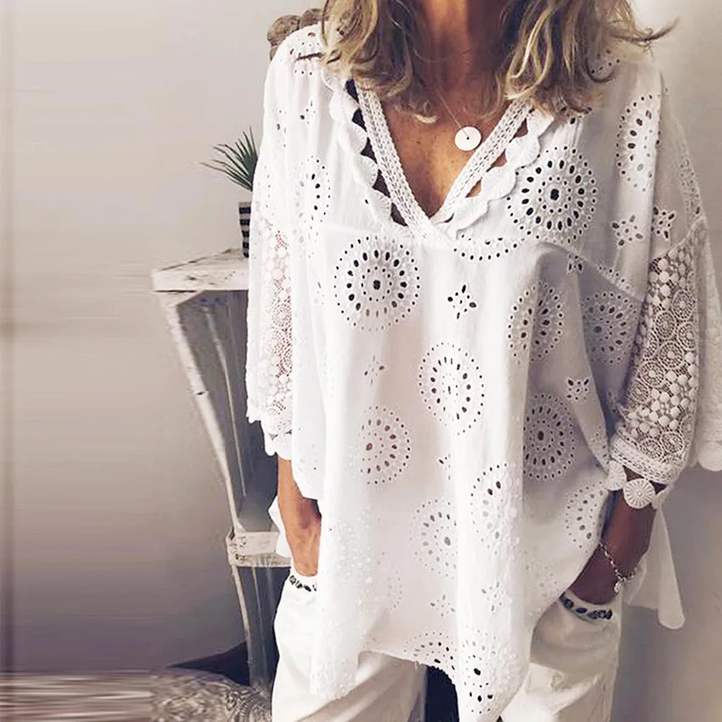 

Women Blouse Hollow Out Lace Patchwork Tops Women Plus Size 5xl Geometry V-neck Summer Shirt Blouse Large Size Tops 6.20