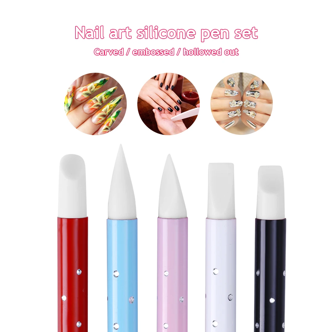 

Double-headed plastic pen hollow carved embossing pen 5 sticks Nail pen nail ultra soft silicone hollow carved manicure nail art