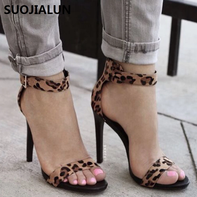 

SUOJIALUN 2019 New Women Leopard Print High Heels Pumps Shallow Shoes Buckle Strap Sandals Party Dress Shoes