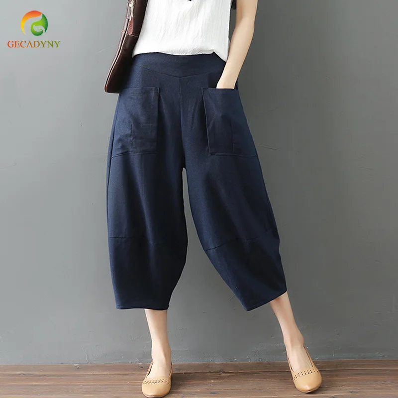 2019 Women Elastic Waist Solid Pockets Cotton Linen Loose