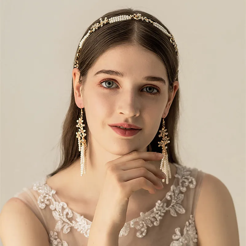 

2019 New Handmade Beaded Pearl Headband Wedding Hairband Gold Flora Baroque Prom Bridal Tiara Headpiece Bride Hair Accessories