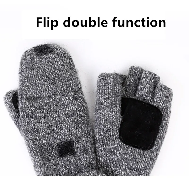 Для мужчин перчатки без пальцев мужской шерсть теплые зимние открытые палец варежки вязаные теплые флип половины пальцев перчатки высокое