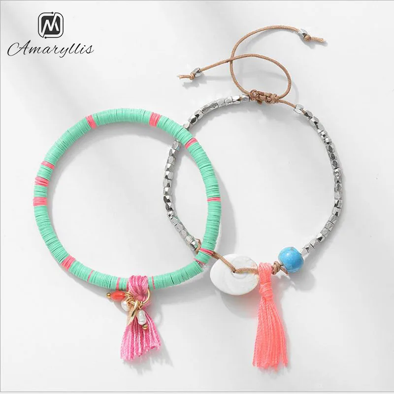 Amaiyllis 2 Pieces/Set Tassel Beads Round Coin Disc Charms Bracelet Bangle For Women Gift Bohemia Strand | Украшения и аксессуары