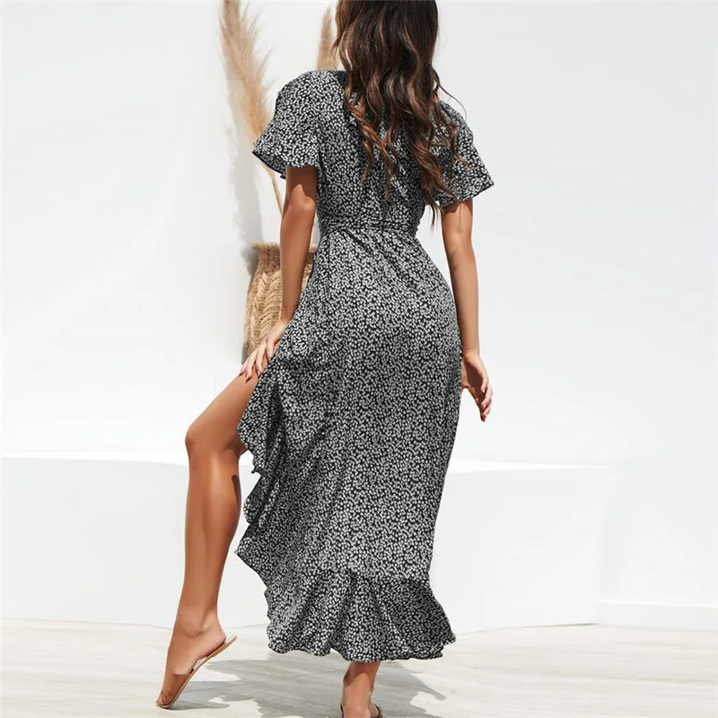 Летнее модное повседневное женское длинное платье свободного покроя с коротким рукавом и v-образным вырезом, длиной до щиколотки, Vestidos, удобное шифоновое платье OY41