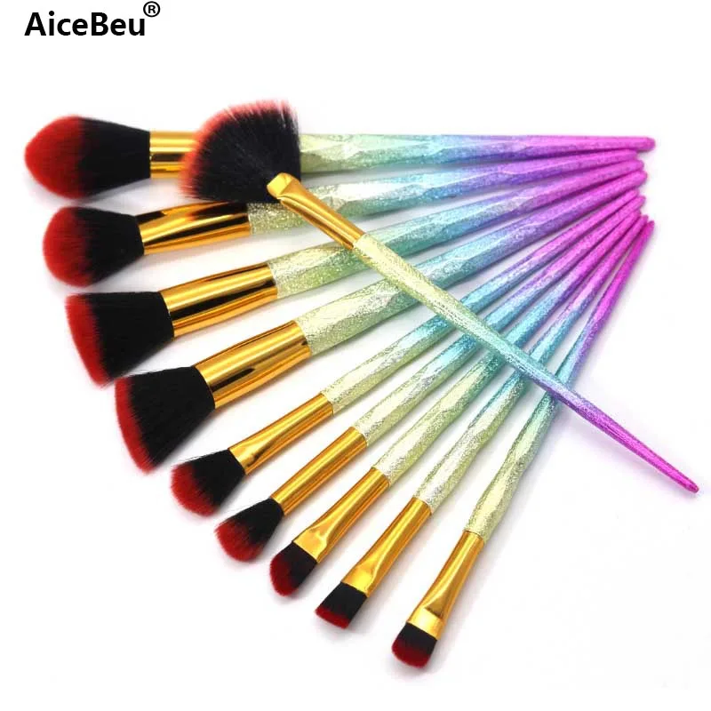 

AiceBeu 10pcs Diamond Makeup Brushes Set Rainbow Macarons color Facial Foundation Cosmetic Makeup Brush Kit