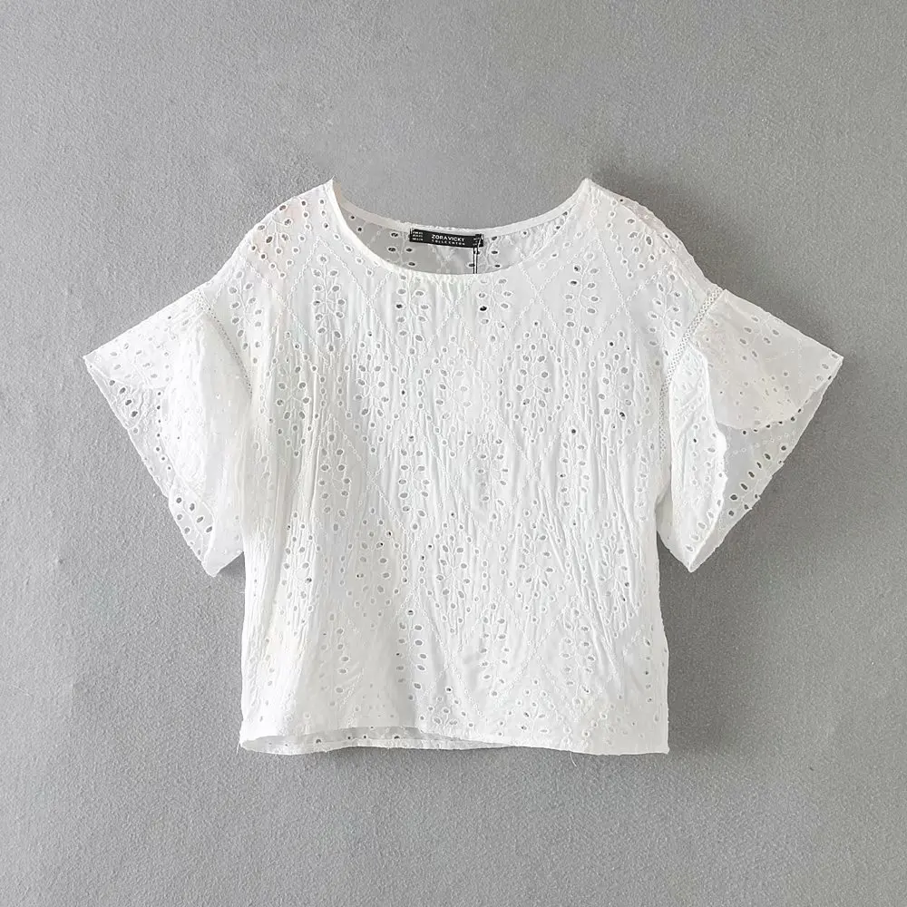 

2019 new women sweet lace patchwork hollow out embroidery casual blouse shirts women butterfly sleeve chemise chic tops LS3557