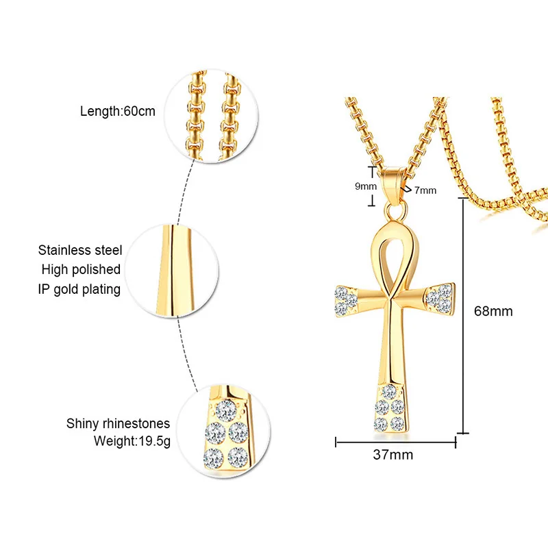 Мужской Ankh крест ожерелье со льдом циркон золото цвет нержавеющая сталь CZ Египетский ключ жизни кулон Панк хоп дропшиппинг
