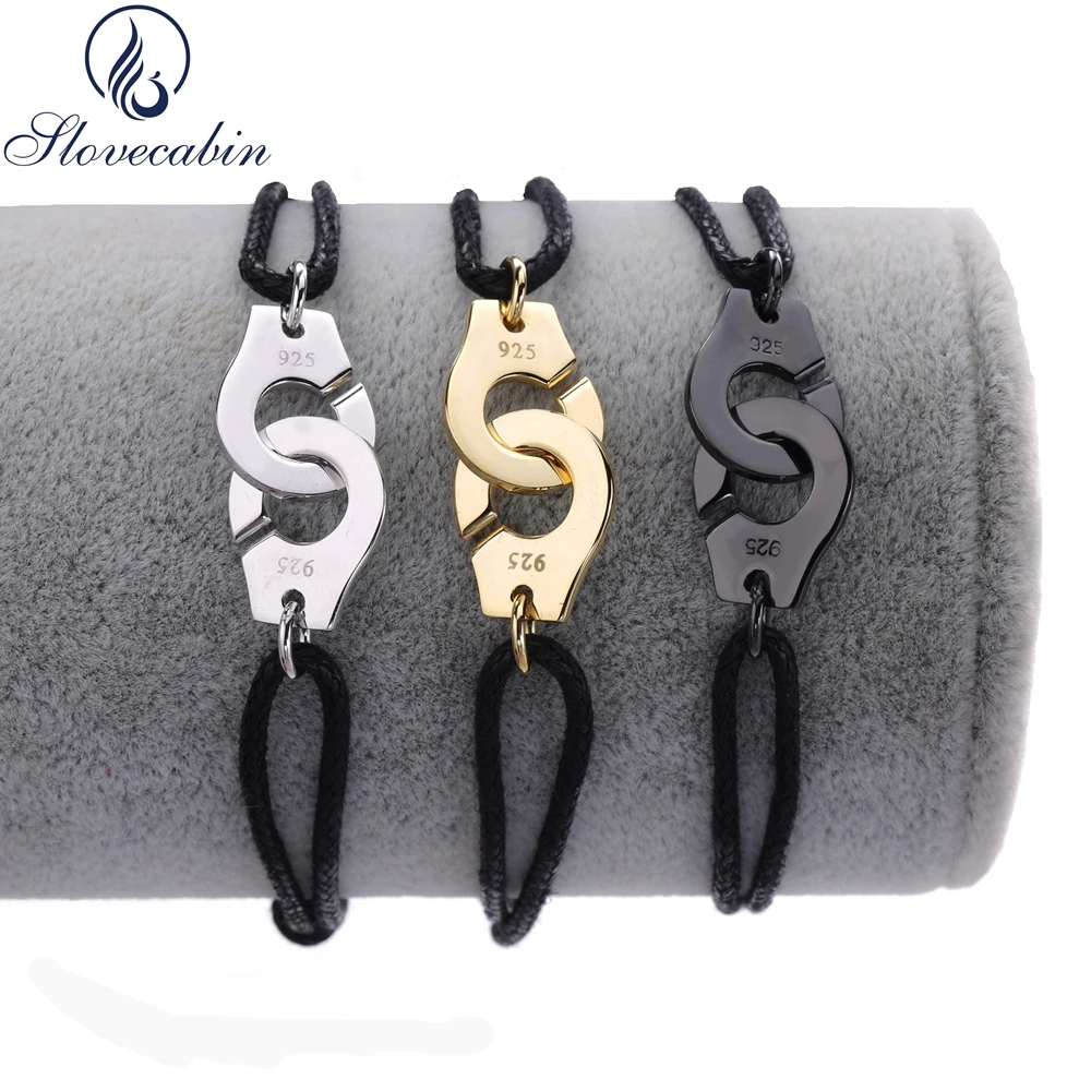 

Slovecabin France Popular Jewelry 100% 925 Sterling Silver Handcuff Bracelet For Women Adjustable Black Rope Bracelet Menottes