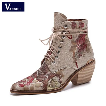 

Women's Shoes oriental embroidery lace up boots thick high heels European pointed toe women fashion wedding party ankle boots