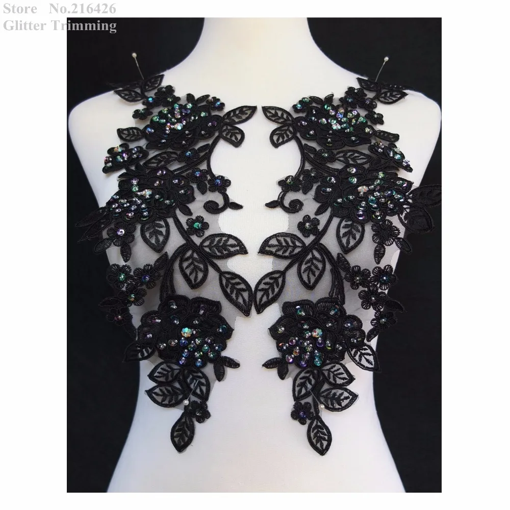 Pretty Black Venise Beaded /& Sequin Collars x 1pair