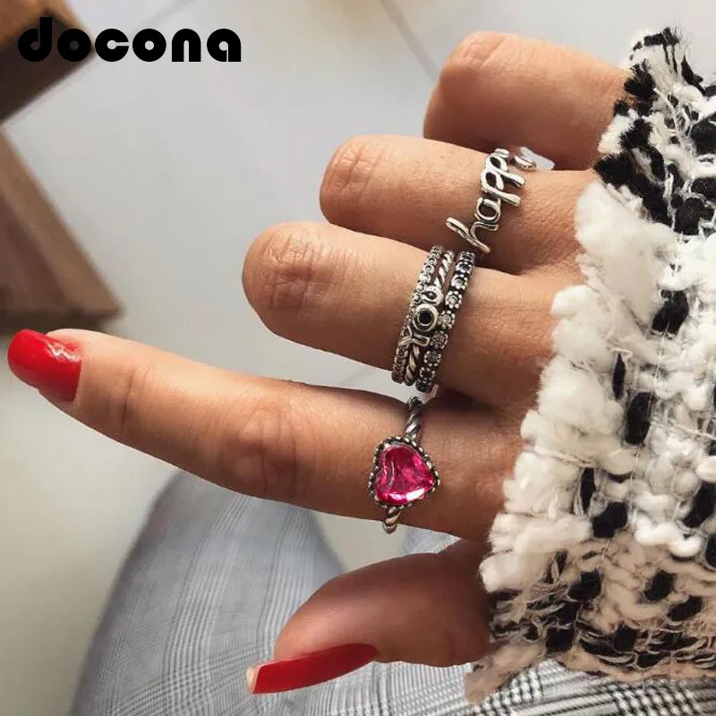 

docona Red Heart Rhinestone Letter Rings Set for Women Girl Metal Geometric Knuckle Midi Rings Set 5pcs/1set 4703