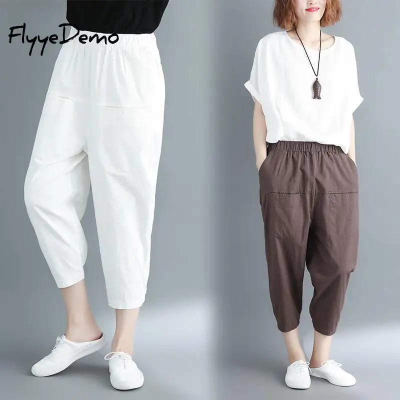

Autumn Women Harem Pants Elastic Waist 2019 Fall Winter New Plus Size Women Clothing Linen Vintage Trouser Loose Warm Pants