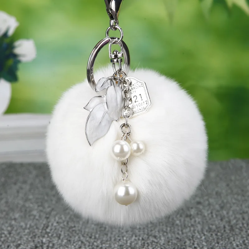 8 cm Fluffy conejo piel Llavero perla hojas Llavero piel Pom Llavero Pompon Porte Clef Pompom De fourrure colgante