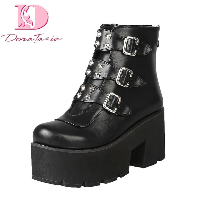 

Doratasia Brand New Plus Sizes 46 Platform Buckles Women Ankle Boots Shoes On Sale Square High Heels Woman Boots