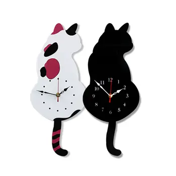 

Creative Cute Wall Clock White Black Wagging Tail Cat Wall Clock for Household Living Room Bedroom Decorative Wall Clocks