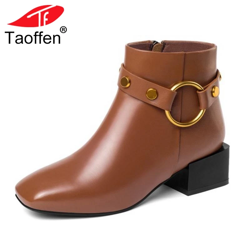 

TAOFFEN Genuine Leather Woman Boots Ankle Winter High Heel Boots Women Metal Rivets Shoes Side Zipper Footwear Size 34-39