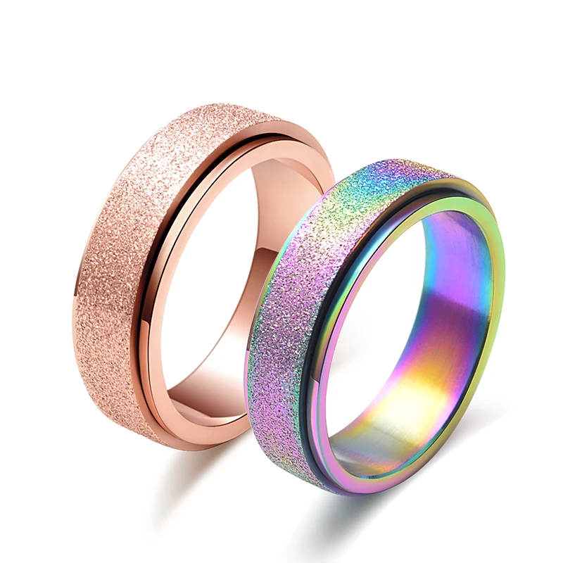 

Fashion Rose Gold-Color Rainbow Rotating Ring for Women Love Wedding Engagement Ring Matte Sandblasted Titanium Female Jewelry