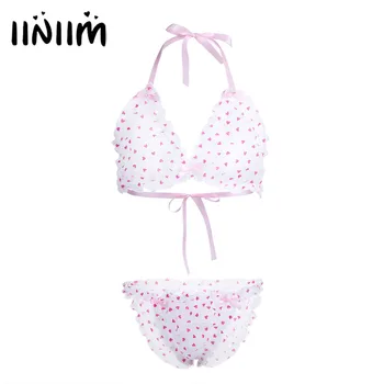 

iiniim Pink 2PCS Mens Love Heart Pattern Ruffled Sheer Lingerie Sets Strappy Halter Bikini Bra Top with Briefs Underwear Sets