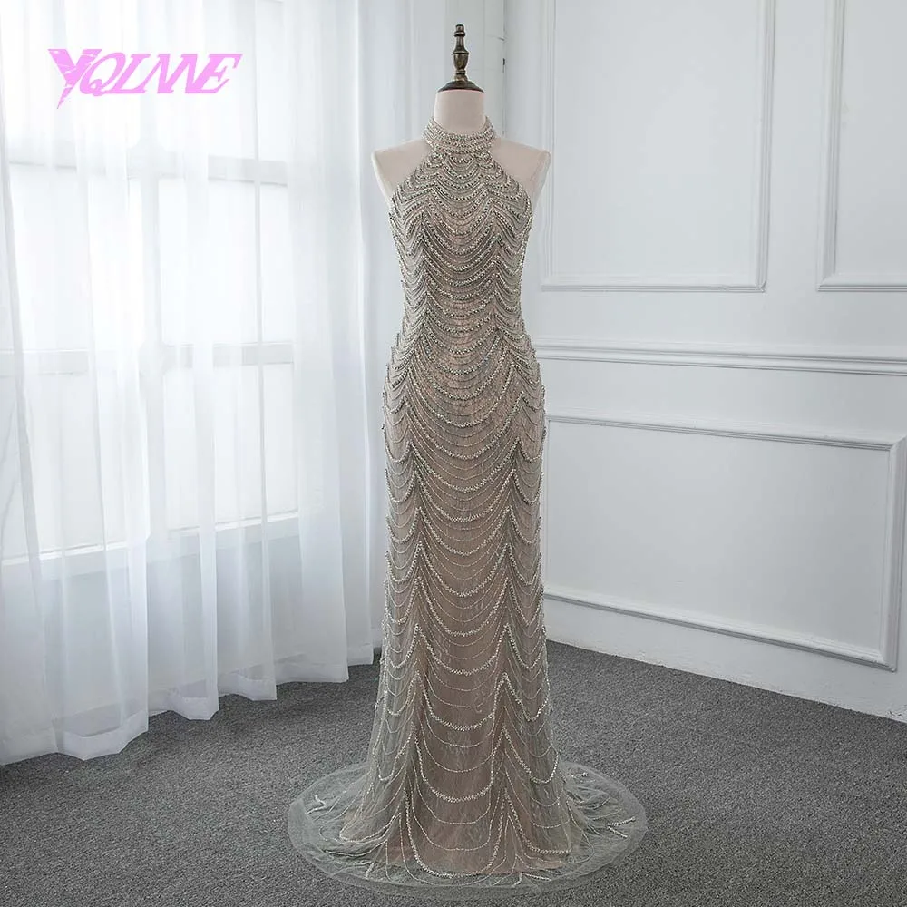 

YQLNNE 2019 Gray Evening Dress Long Lace Halter Rhinestones Prom Gown Robe De Soiree Pageant Dresses