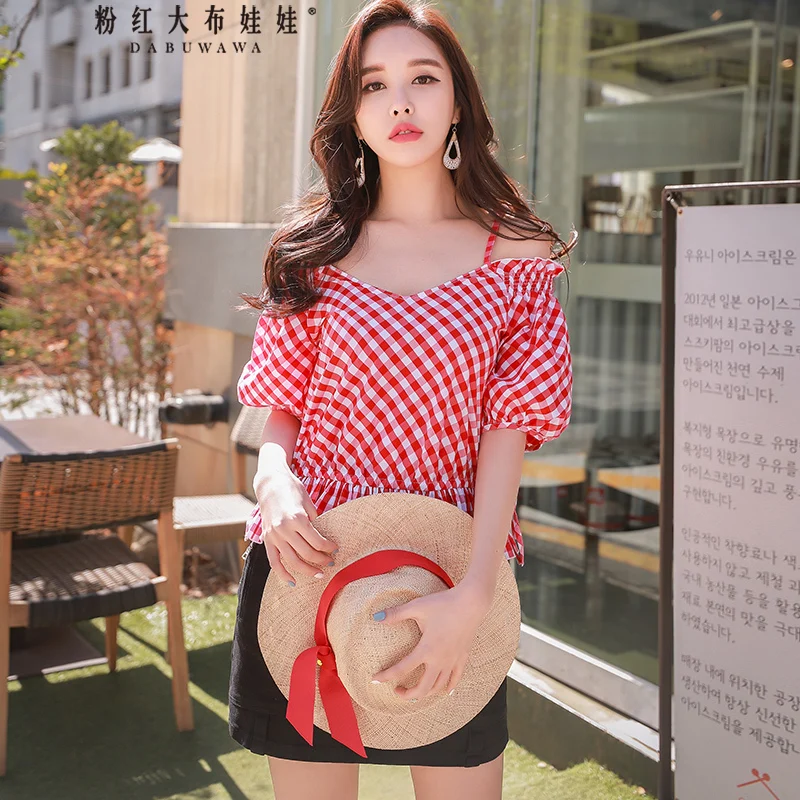 

Dabuwawa Red V Neck Off Shoulder Sexy Plaid Blouse New Half Lantern Sleeve Halter Shirts Top for Girls Women #D18BST356