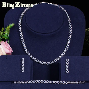 

BeaQueen Dark Blue Flower Cubic Zirconia 3 Pcs Tennis Bracelet Necklace Earrings Wedding Bridal Jewelry Sets for Women JS177