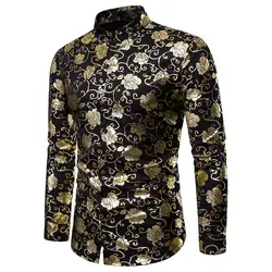 Золотая Роза цветок Фольга печати рубашка для мужчин Camisa Masculina 2019 новые Брендовые повседневные мужские рубашки бизнес свадьба