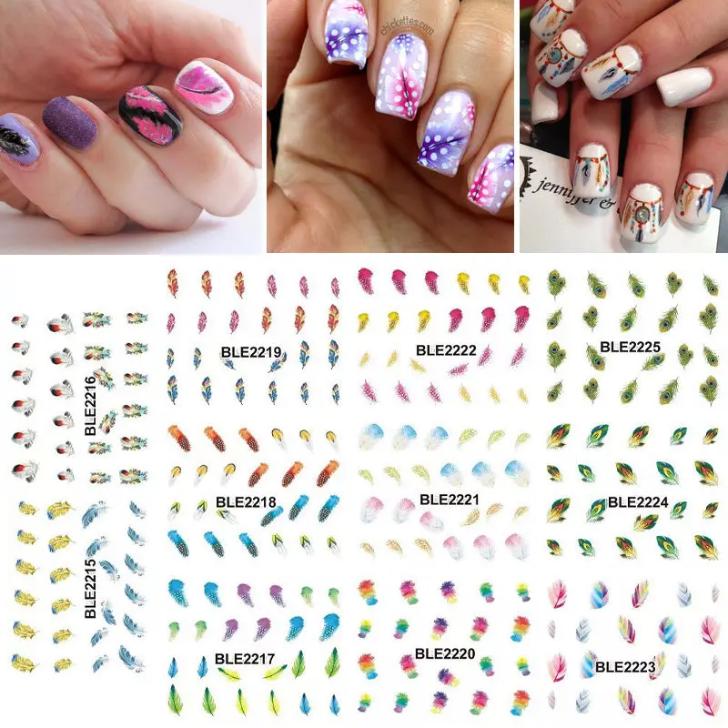 

BLE2215-2225 Hot sale 1 Lot = 11 Sheets Large Rainbow Color Feather Water Transfer Nail Art Sticker Watermark Manicure Pedicure