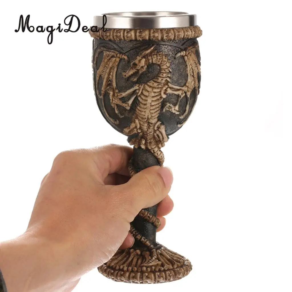 MagiDeal Practical Gothic Double Wall Resin Stainless Steel Dragon Wine Goblet Steampunk Collectible Decorative Craft Gift Cup